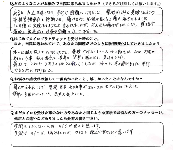脊柱管狭窄症の手術を回避できました